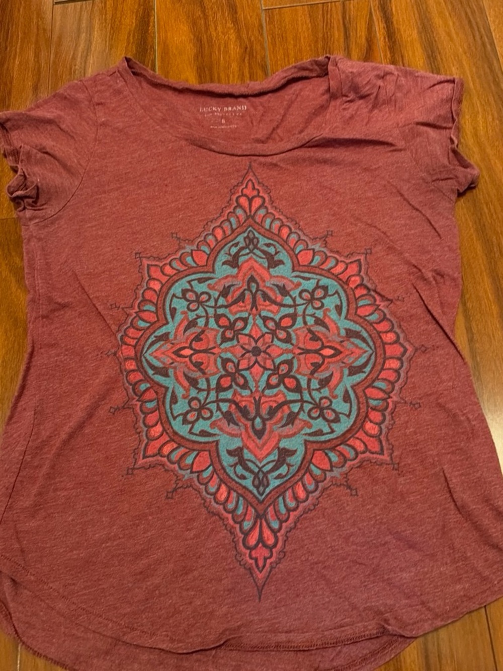 Lucky Brand Maroon Short Sleeve Tee with Teal & Coral Medallion